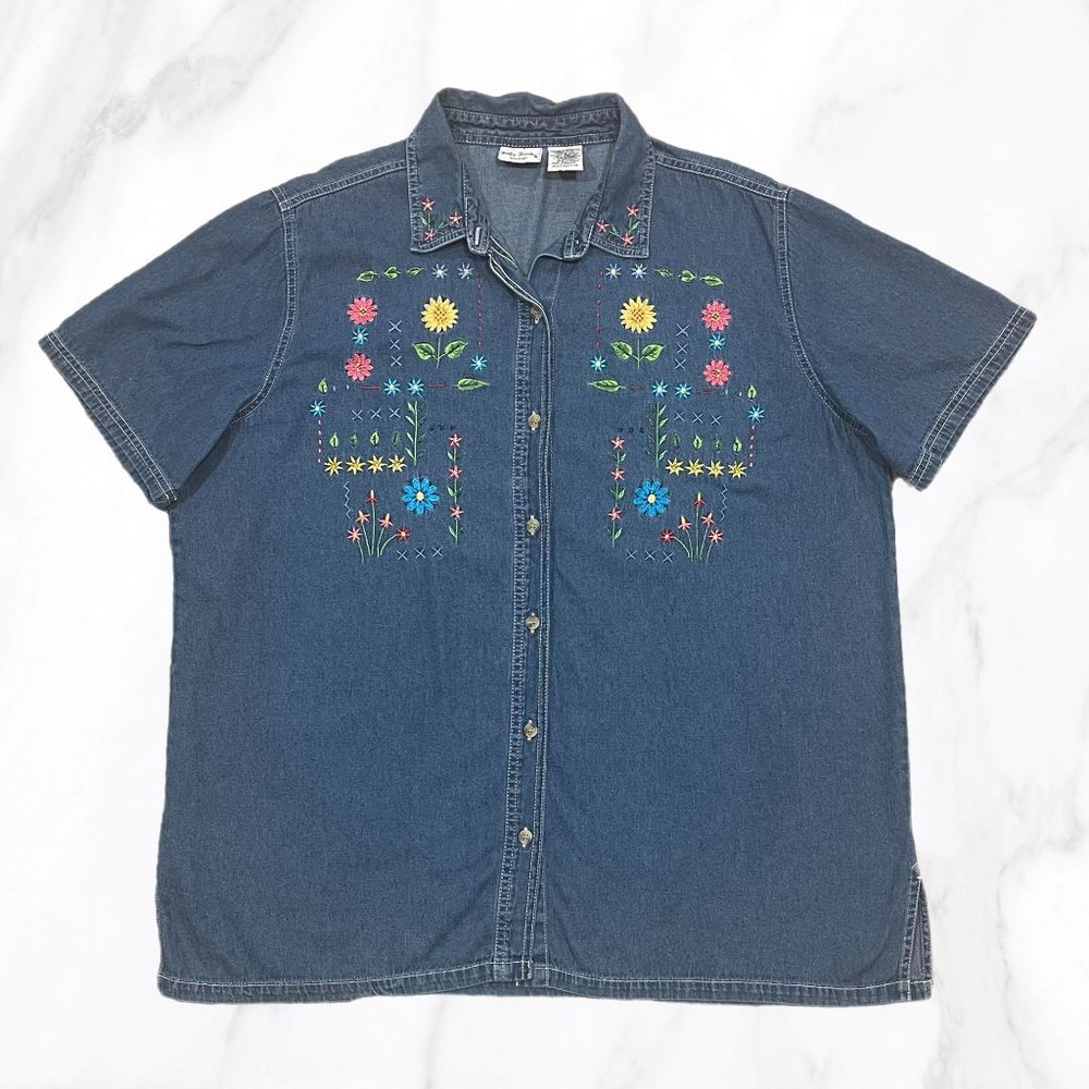 Vintage Bobbie Brooks Spring Embroidered Denim Short Sleeved Shirt, Size 18W/20W